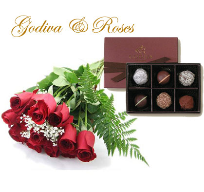 12 red Roses and a box of Godiva Truffles (6 pcs)