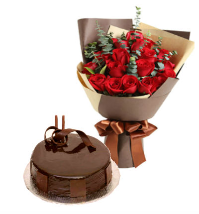 Chocolate cake, 2 lb (1kg) & 20 stem Rose bouquet