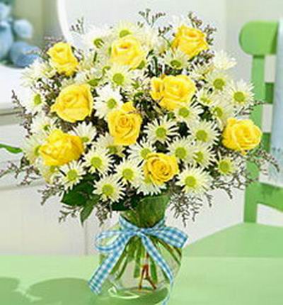 9 yellow Roses and white Chrysanthemums