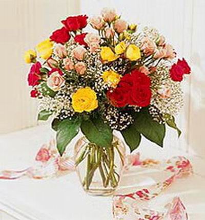 36 red,pink & yellow Roses and Baby Breath