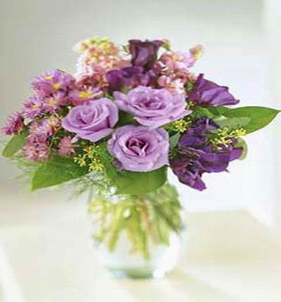 3 purple Roses,purple Tulips and purple Delphinium and Stock