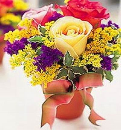 3 Roses, Pink, yellow, lavender and Statice in flower pot