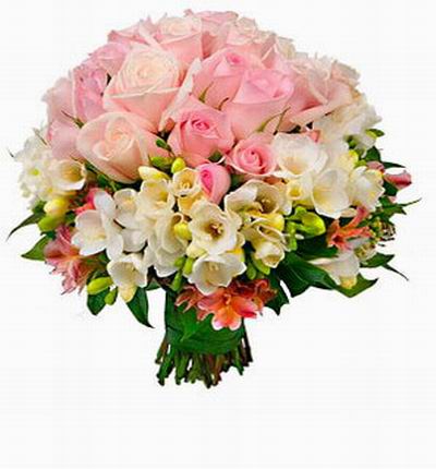 A pink Rose bouquet with Freeasias and fillers.