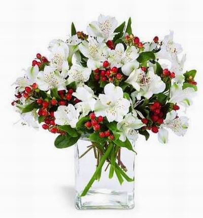 Snowy white alstroemeria and red hypericum berries in a glass vase