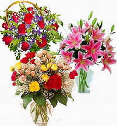 Red Rose basket, pink Lilies , multi-color Roses in