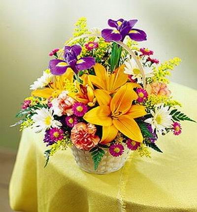 3 yellow Lilies, 3 pink Carnations, white Chrysanthemums and purple iris in basket