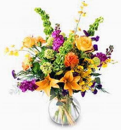 2 Orange Lily buds, 3 yellow Roses, Carnations, Dancing Orchids, Alstromerias and Stock