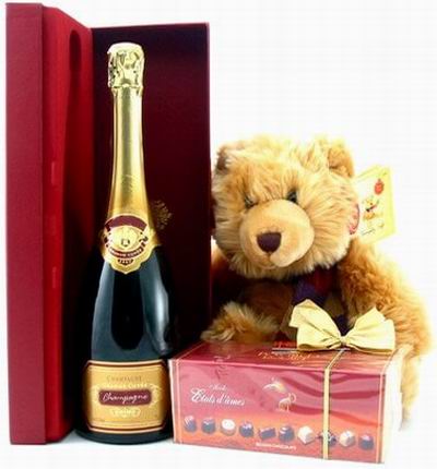 Champagne, an assorted box of chocolates and 20cm Teddy Bear. Champagne based on local selection. Brands will vary.  (Photo image is only an example)
