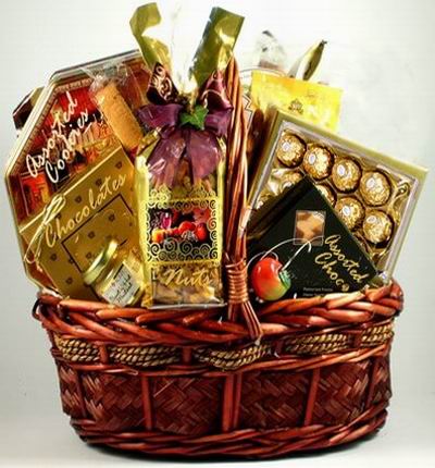Basket of Assorted cookies, Chocolates, Nuts, Assorted Chocolates and Ferrero Chocolates (24 pcs).