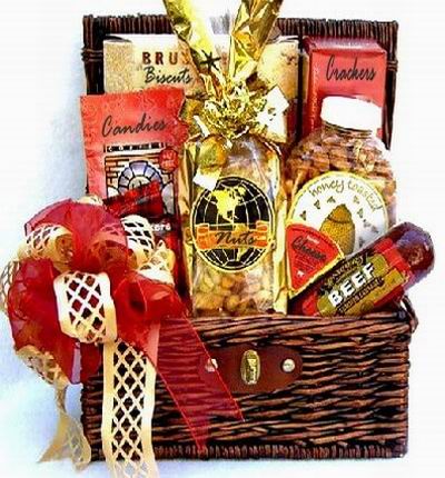 Basket of Nuts, Beef Sausage, honey toasted almonds, Crackers, Chocolates, Candies, Biscuts and cheese.