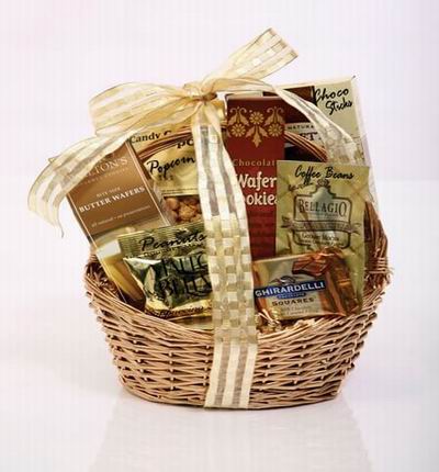 Basket with chocolate bites, Butter Wafers, Wafer Cookies, peanuts, Candy Popcorn and chocolate sticks. Chocolates may vary based on availability. Ferrero chocolates or other brands may be used.