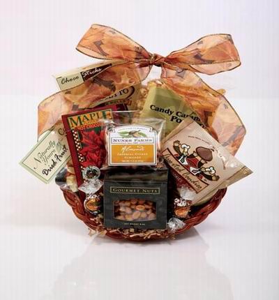 Basket with Gourmet Nuts, Assorted Candies, Mixed dried fruit, Hot Chocolate powder Candy Carmel Popcorn, Chocolate sticks.