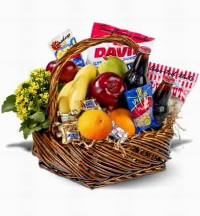Fruit Basket of 2 red Apples, 2 Oranges, 2 Bananas, 1 Pear,  Planters Peanuts pack, Bag of Sunflower seeds, Assorted Nuts and Crackers with 2 bottles of beer and flower fillers.