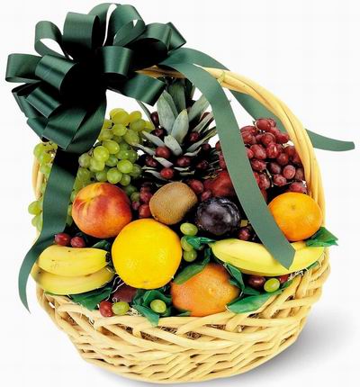 Fruit Basket of 1 Pineapple, 3 Bananas, 2 Oranges, 1 Peach, 1 Kiwi, 1 Plum, Surrounded by Finger Grapes and Globe Grapes.