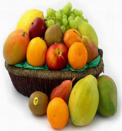 Fruit Basket Tray of 3 Oranges, 3 Mangos, 2 Kiwis, 2 Pears, 2 Papayas, 1 yellow Melon.
