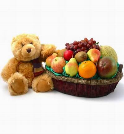 Fruit Basket Tray of 3 Pears, 1 red Apple, 1 Orange, 2 Kiwis, 1 Plum, 1 Cantaloupe, Globe Grapes accompanied by a 20cm Teddy Bear.