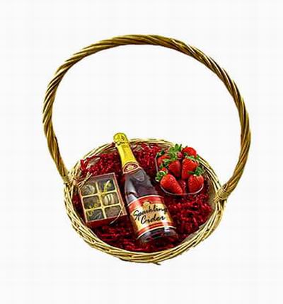 Fruit Basket of Sparkling Cider, 12 Strawberries, Assorted Chocolates. Sparkling Cider based on local selection. Brands will vary.  (Photo image is only an example)