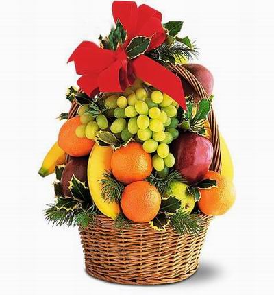 Fruit Basket, grapes, mango, oranges, apples