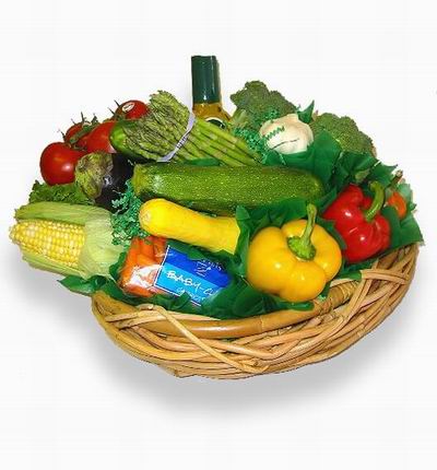 Basket of Vegetables,  1 red Bell Pepper, 1 yellow Bell Pepper, 1 Cucumber, 1 Corn on the Cob, 4 Tomatoes, 1 Squash, 1 Eggplant, Garlic, 2 bunches of Broccoli, 20 Asparagus (unavailability substitution of String Beans or Brocoli), small bag of Carrots and