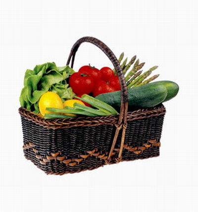 Basket of Vegetables. 8 Green Onions, 2 Cucumbers, 6 Tomatoes, 3 Lemons, 10 Asparagus (unavailability substitution of String Beans or Brocoli).