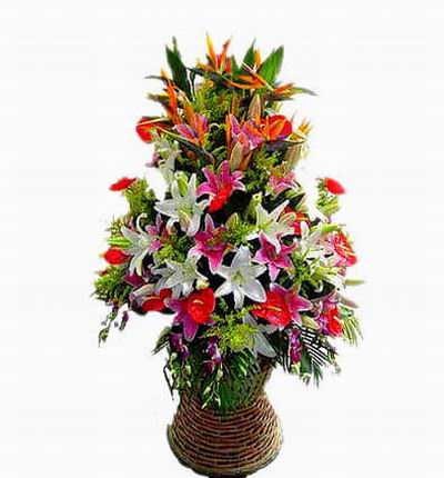 Flower Stand of Lilies, Orchids, Anthuriums with large leaves (Substitutions may apply if a flower item is unavailable)