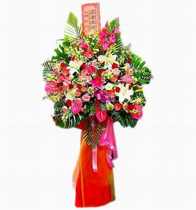 Flower Stand of Lilies, Roses, Carnations, Daisies, Anthuriums and Birds of Paradise flowers with large leaves (Substitutions may apply if a flower item is unavailable)