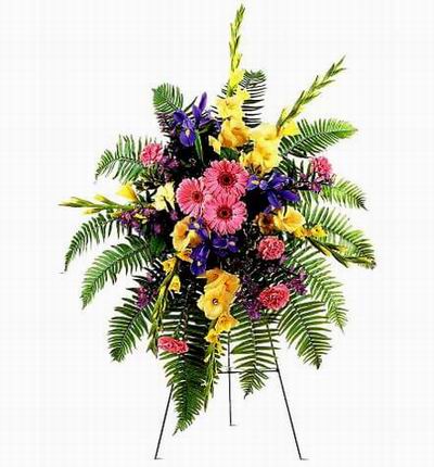 Flower Stand of Daisies, Carnations, Iris and Gladiolus with large leaves (Substitutions may apply if a flower item is unavailable)