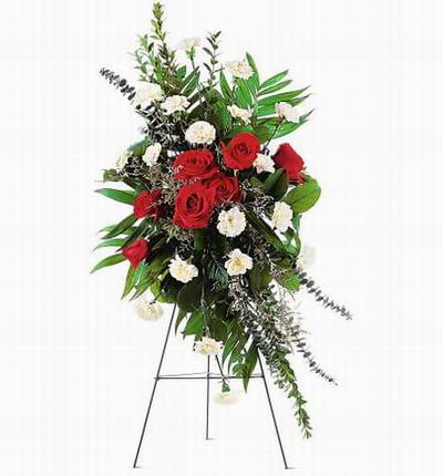 Flower Stand of Carnations and Roses with large leaves and fillers (Substitutions may apply if a flower item is unavailable)