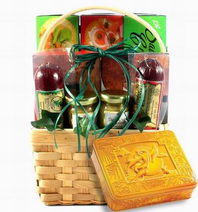 A box of Premium Mooncakes and Two large 300g sausages, 2 jars of mustard, 3 boxes of crackers