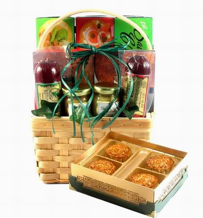 A box of Standard Mooncakes and Two large 300g sausages, 2 jars of mustard, 3 boxes of crackers