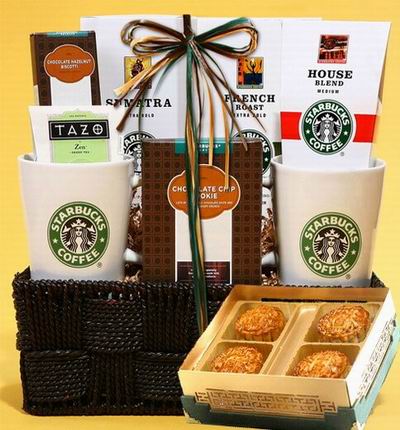 A box of Standard Mooncakes and a Starbucks Coffee Basket. Includes Chocolate chip cookies, Chocolate Hazelnut Bar, Samatra, French, and House Blend coffee beans and two Starbucks Cups.