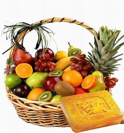 A box of Premium Mooncakes and a Fruit Basket of 1 Pineapple, 2 Oranges, 2 red Pears, 2 green Pears, 2 Bananas, 2 Globe Grape bunches, 2 Kiwis, 2 red Apples and 2 Lemons.