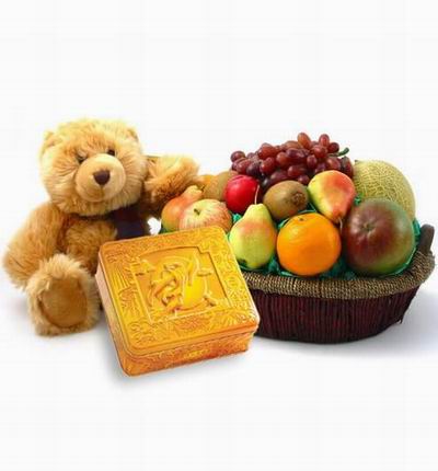 A box of Premium Mooncakes and a Fruit Basket Tray of 3 Pears, 1 red Apple, 1 Orange, 2 Kiwis, 1 Plum, 1 Cantaloupe, Globe Grapes accompanied by a 20cm Teddy Bear.