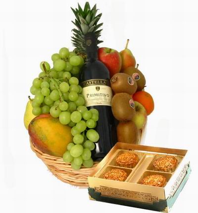 A box of Standard Mooncakes and a Fruit Basket of red Wine, Finger Grapes, 1 Mango, 2 Pears, 1 red Apple, 2 Oranges, 4 Kiwis and Pineapple.