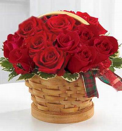 12 red Roses, Baby Breath and Statices in basket