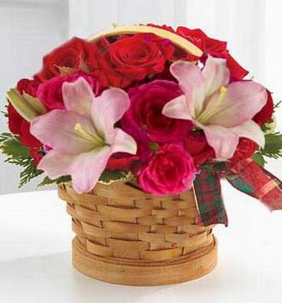 2 pink Lilys, 4 white Roses, 6pink Roses, Statices and Baby Breath in basket