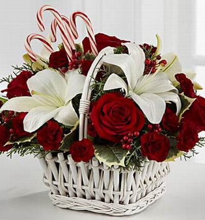 4 White Asiatic Lilies, 5 red Roses, 12 red Carnations, Hypericum Berries, Christmas green fillers and 4 sugar canes.
