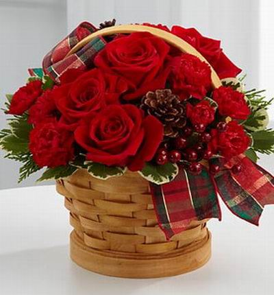 6 Red roses and 12 red mini carnations,pinecone,Hypericum Berries, Christmas green fillers