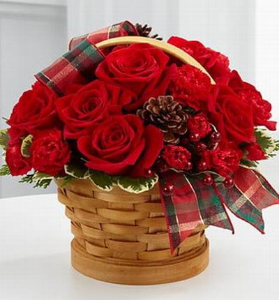 8 Red roses and 12 red mini carnations,pinecone,Hypericum Berries, Christmas green fillers