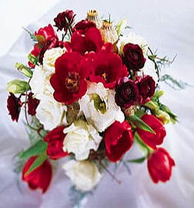 6 white Roses, 10 red Tulips mix display