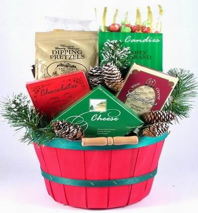 Bucket of Pretzels, Crackers, Chocolates, Cheese and Candies. A basket will be substituted if the barrel is not available.