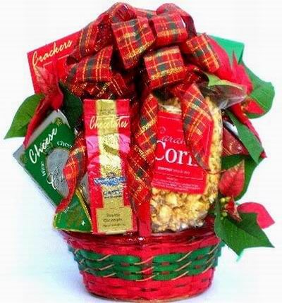 Basket of Caramel Popcorn, Chocolates, Cheese and Crackers.