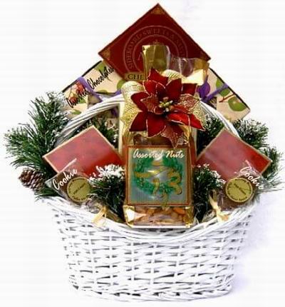 Basket of assorted Nuts, 2 wrapped Cookies, and assorted Cookies surrounded by Christmas fillers.