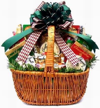 Basket of Cheese, 2 boxes of Chocolates, 2 boxes of Crackers, 2 wrapped Candies, 1 Container of Cherry Candy Drops, 1 Containter of Fruit Candy Drop and two 200g Beef Sausage
