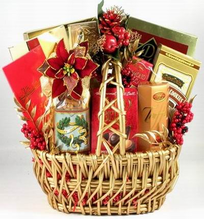 Basket of Almond Rocher Chocolates, Chocolate covered Almonds, Truffles, Chocolate Cookies, Walnuts and Crackers.