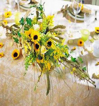 Sunflowers, white Roses and ivy mix display