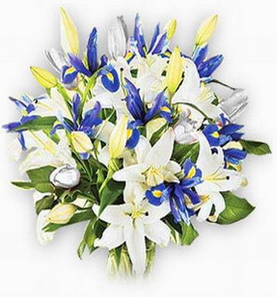 8 white Lily buds and 8 iris mix display in clear crystal plastic wrapping