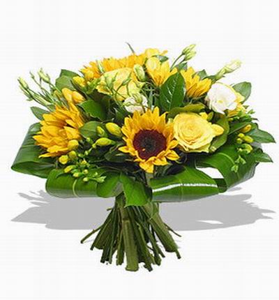 5 sunflowers, 4 yellow roses, white eustomas and green