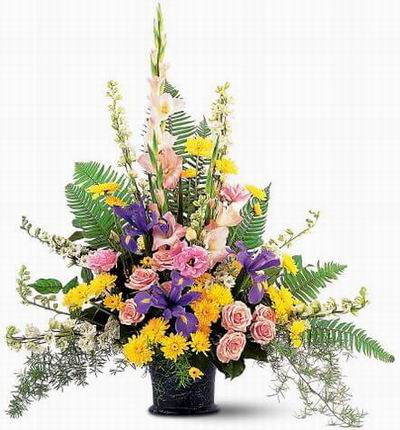 pink gladiolas, 3 iris, 9 pink roses, yellow daisies and green