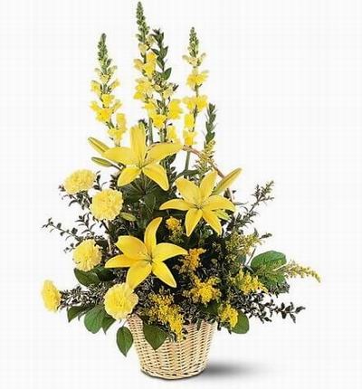 3 stem yellow lilies, 4 yellow Antirrhinum majus L, 5 yellow carnations and green